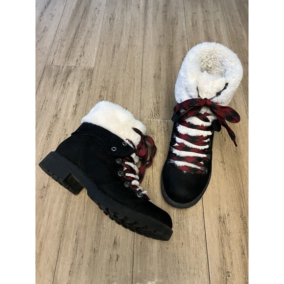 Jelly Pop Black Women Ankle Boots red/black Laces , Soft Faux Fur Cuff Size 8.5 - Picture 3 of 8